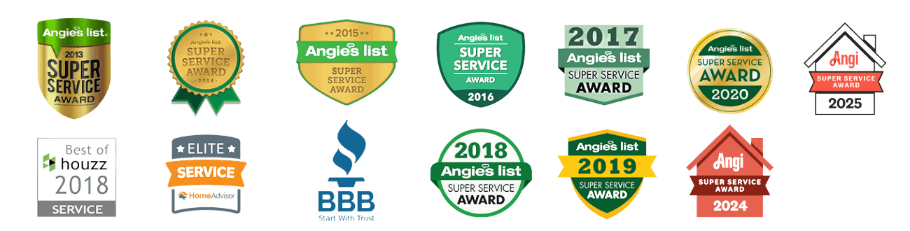 Angi Super Service Awards 2013–2025, Best of Houzz 2018, HomeAdvisor Elite, and BBB accreditation badges